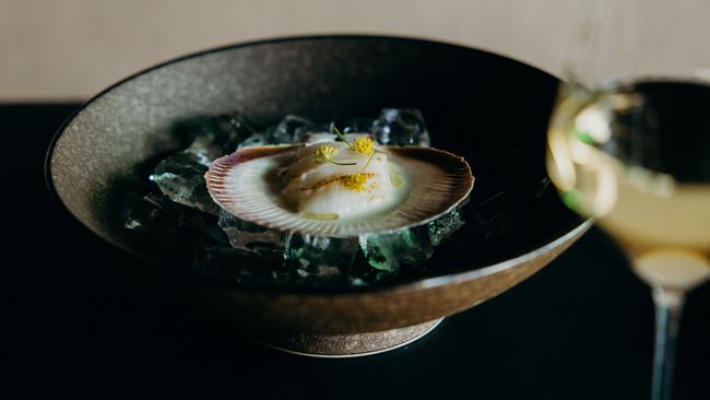 Chilled scallop, botanicals and olive oil at De'Sendent in Margaret River, WA. Photo: Supplied