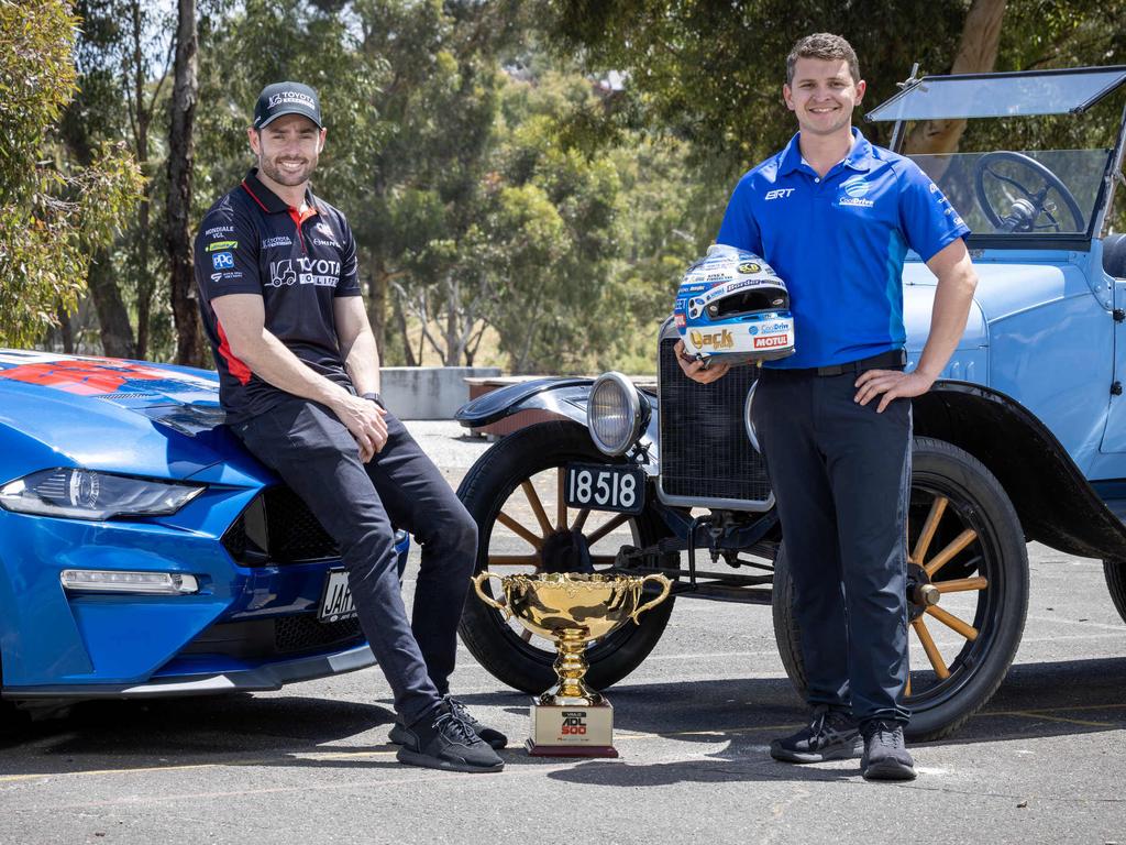 Scott Pye and fellow South Australian Todd Hazelwood at a schools visit in Adelaide last year. Picture: Emma Brasier