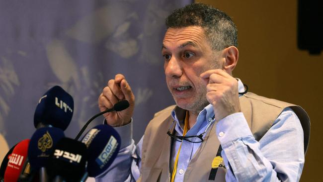 Hostage Aid Worldwide's member Nizar Zakka speaks to reporters. Picture: AFP.