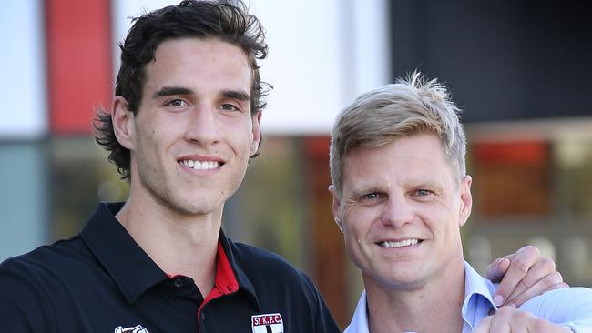 Exclusive. Saints jumper presentation. New draftee Max King excepts the No.12 jumper of Nick Riewoldt at the Saint's Moorabbin Ground.    Picture: David Caird