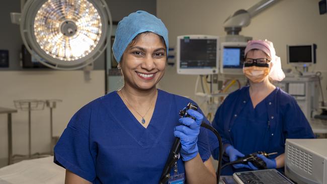 Dr Samantha Herath with a nurse in one of the hospitals operating theatres. Image Matthew Vasilescu.