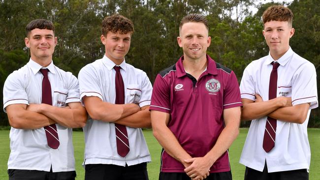 Marsden State High School’s Coby Black, second from the left, with team mates Jacob Tinsley and Saxon Innes, and their coach Matt Hartigan who took the school to its first ever Langer Trophy this season.. Picture, John Gass