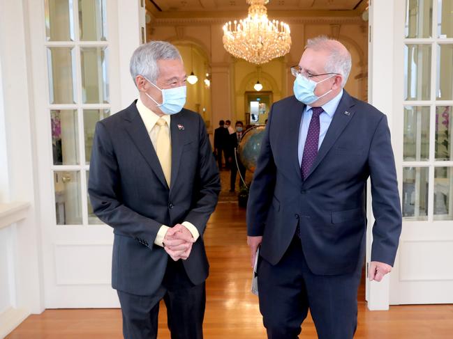 Prime Minister Scott Morrison arrives in Singapore for a one on one meeting with Singapore Prime Minister Lee Hsien Loong on the way over to the G7 in Cornwall, United Kingdom. Picture: Adam Taylor/PMO