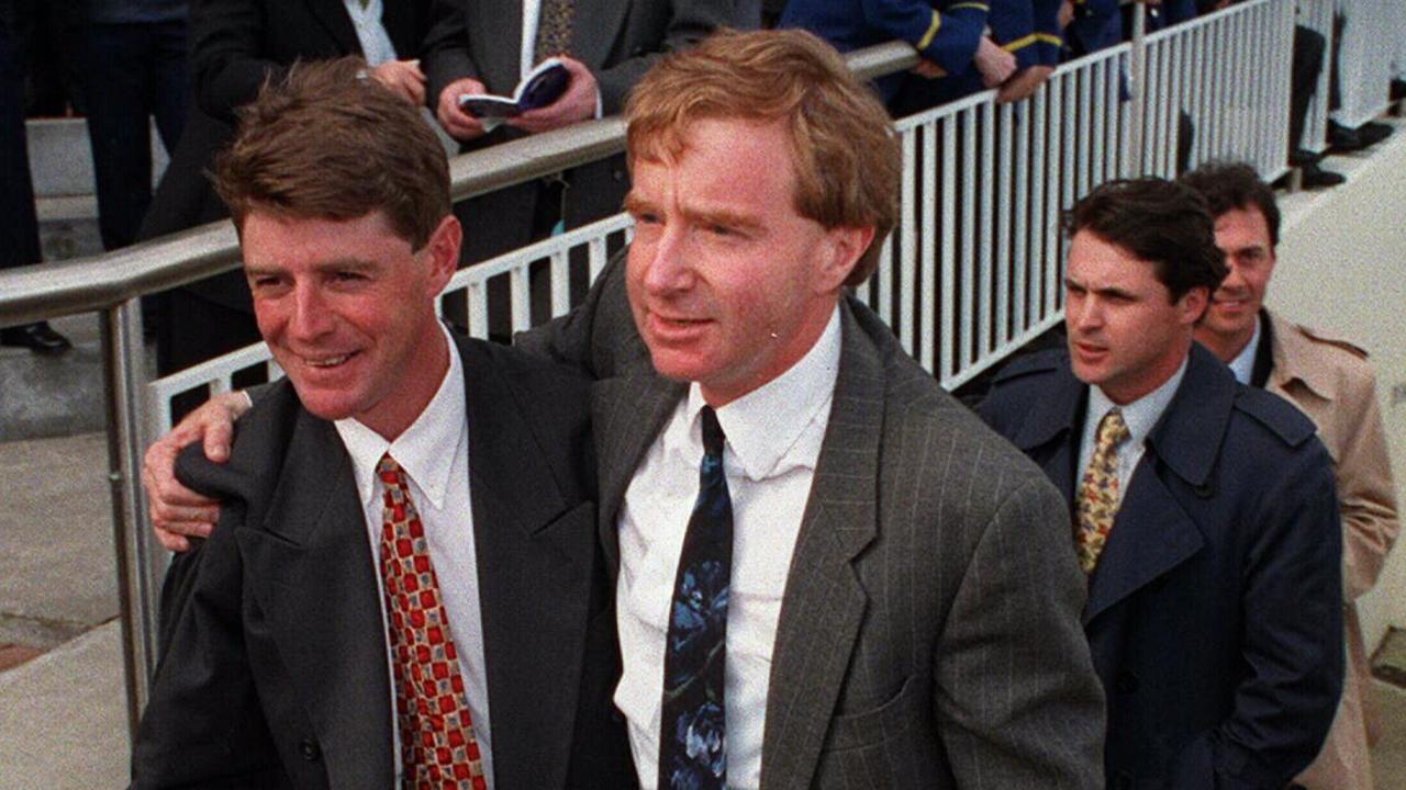 Trainer Jim Mason (left) and owner David Moodie, moments after Arctic Scent won the 1996 Caulfield Cup.