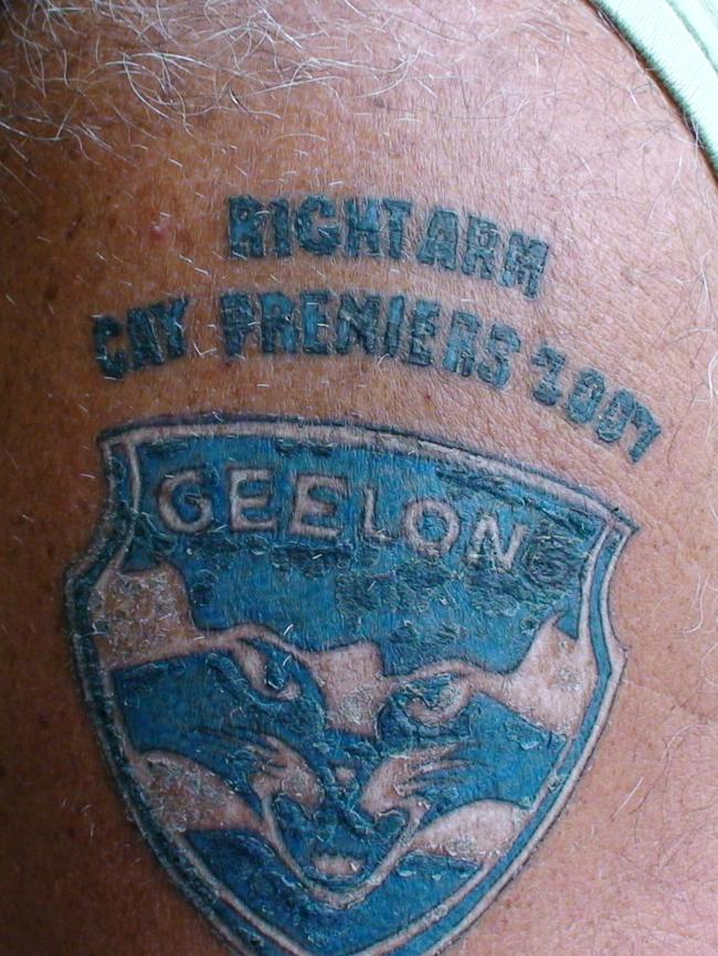 Tattoos you get when drunk. Cats fan 'Neville' shows off the handiwork of a Thai tattoo artist, who labelled the Cats 'Gay premiers'. Geelong.