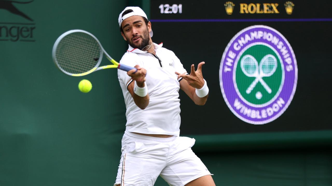 LONDON, ENGLAND - JUNE 24: Matteo Berrettini of Italy plays a forehand during a practice session ahead of The Championships Wimbledon 2022 at All England Lawn Tennis and Croquet Club on June 24, 2022 in London, England. (Photo by Clive Brunskill/Getty Images)