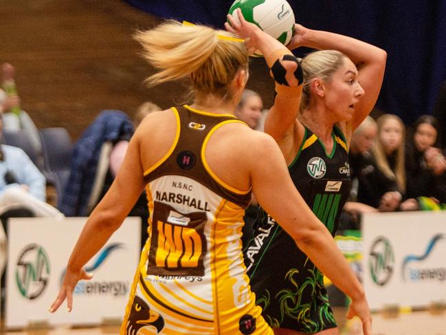 Cavaliers wing attack Shelby Miller with the ball in the grand final match against the Northern Hawks at Launceston's Silverdome. Picture: PATRICK GEE