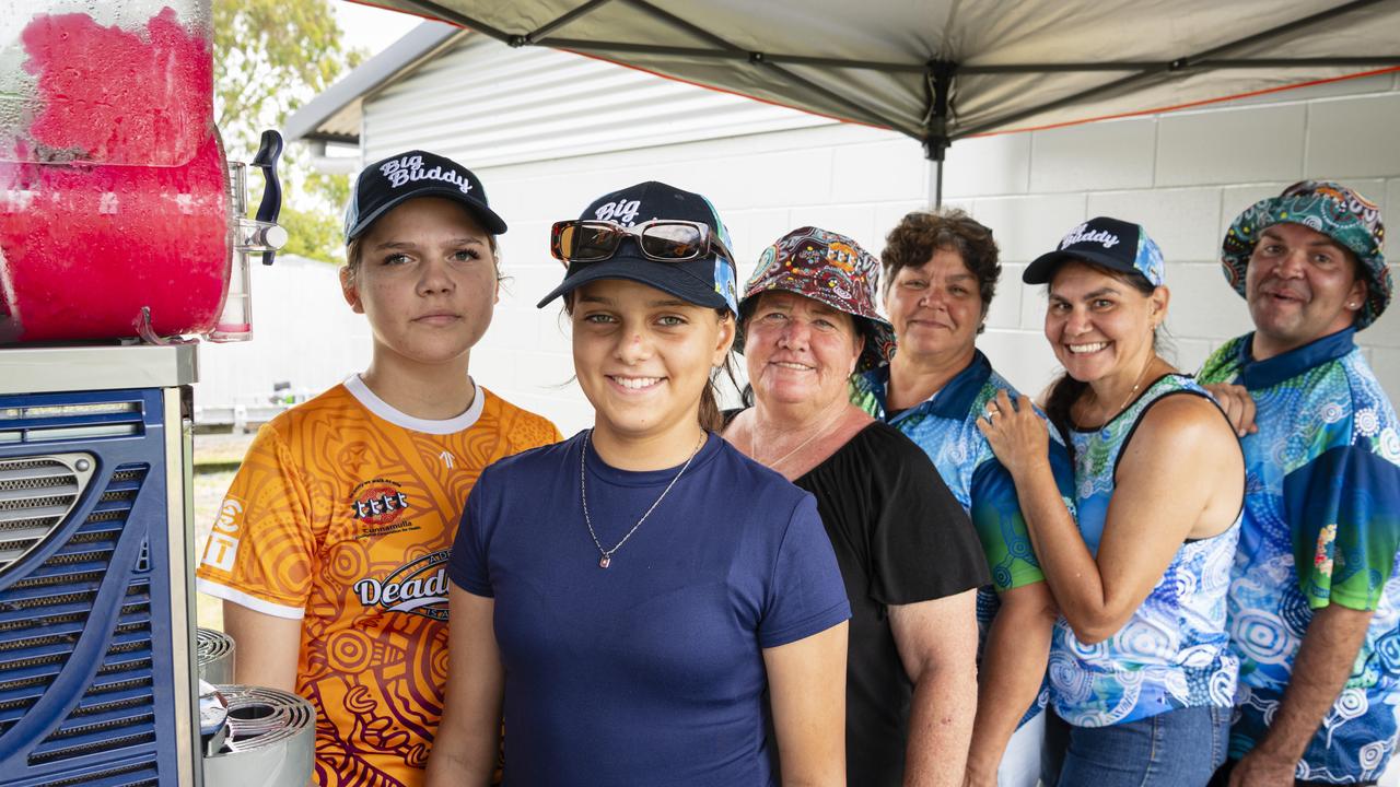 Serving ice-cold slush puppies at the Goondir Health Services Big Buddy stall are (from left) Peppa Collins, Annabell Washington, Sherilee Laine, Veronica Holland, Dionne Connolly and Firebrace Wharton at the Warriors Reconciliation Carnival women's games at Jack Martin Centre with the men’s round set to kick off this Saturday, January 25. Picture: Kevin Farmer