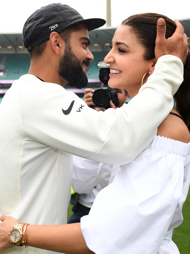 Indian captain Virat Kohli celebrates with his wife Anushka Sharma. Picture: AAP