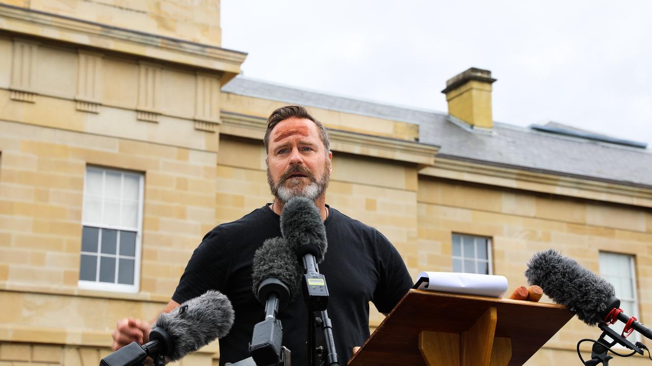 Peter Wish-Wilson, Green Senator, speaking at the Invasion Day Rally in Hobart. Picture: Mireille Merlet