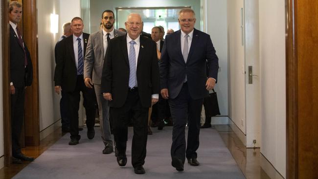 Prime Minister Scott Morrison, right, with the President of the State of Israel, Reuven Rivlin at Parliament House. Gary Ramage