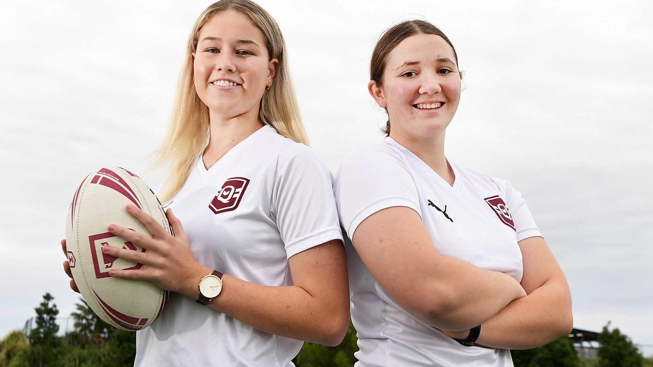 Rising rugby league talents Makayla Everding and Grace Giampino have been selected in the Queensland U19 Sapphires team. Picture: Patrick Woods