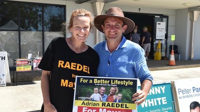 Mayor candidate Adrian Raedel with his wife Kerri at the early voting centre at Deception Bay on March 20. Picture: David Alexander