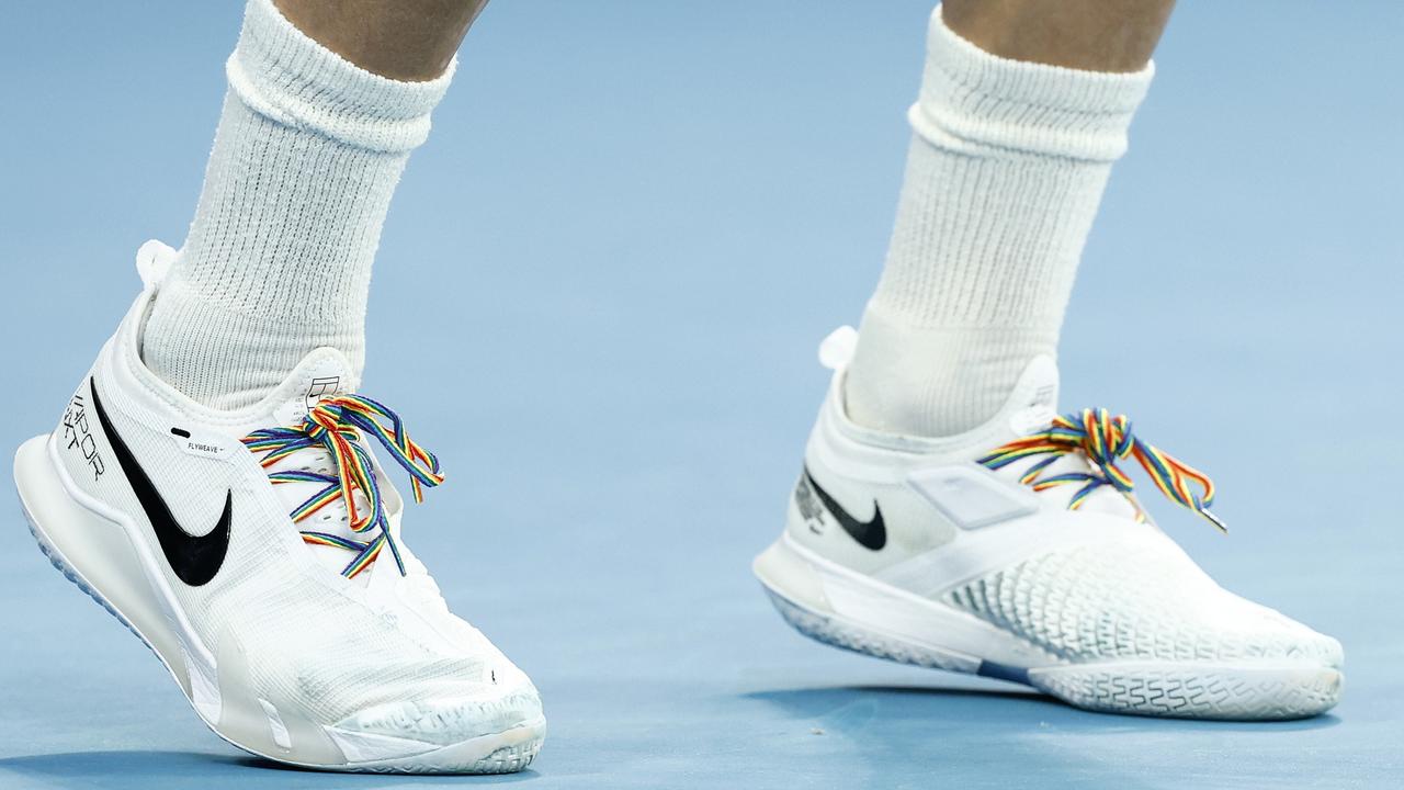 Liam Broady of Great Britain rainbow shoe laces