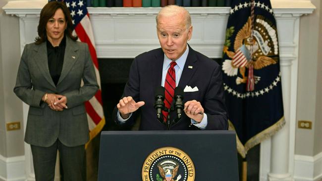 Joe Biden, with Vice-President Kamala Harris, announces his two-track border policy at the White House on Thursday. Picture: AFP