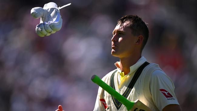 Marnus Labuschagne tosses his glove in frustration following his dismissal on day one of the fourth Ashes Test at Old Trafford. Picture: Getty Images