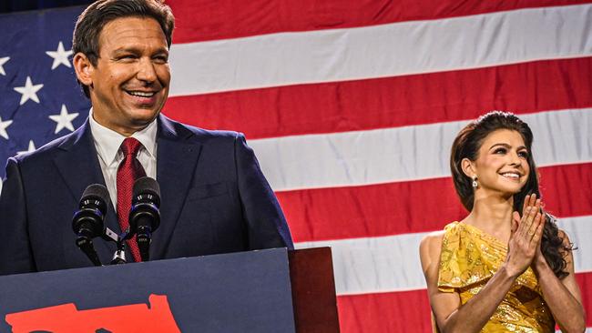 Ron DeSantis and his wife Casey during his victory speech. Picture: Giorgio Viera/AFP