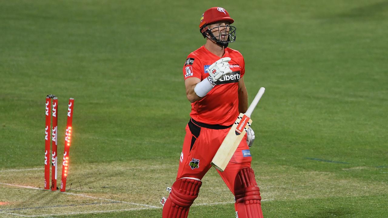 Shaun Marsh shows his frustration after being bowled by Stephen O’Keefe.