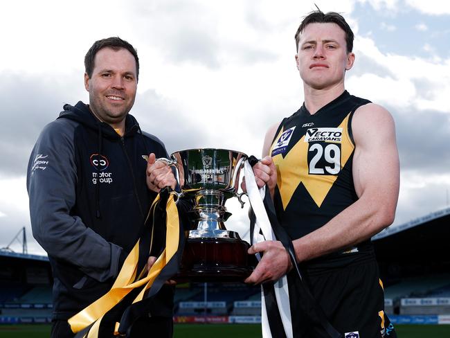 Werribee coach Jimmy Allan and captain Dom Brew at a VFL grand final media call on Sunday. Picture: Michael Willson/AFL Photos