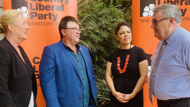 Tina MacFarlane (Solomon), CLP president Jamie de Brenni, Jacinta Price (Senate) and Damien Ryan (Lingiari). Picture: Gary Shipway