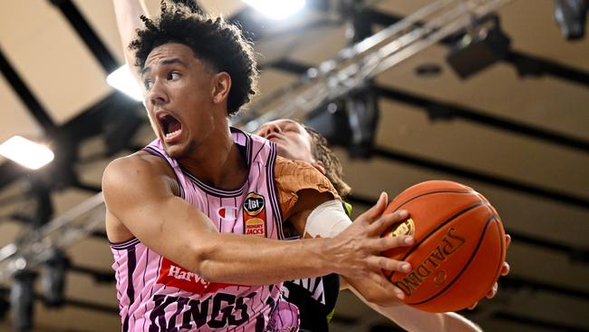 MELBOURNE, AUSTRALIA - JANUARY 25: Jaylin Galloway of the Kings drives to the basket during the round 17 NBL match between South East Melbourne Phoenix and Sydney Kings at State Basketball Centre, on January 25, 2024, in Melbourne, Australia. (Photo by Josh Chadwick/Getty Images)