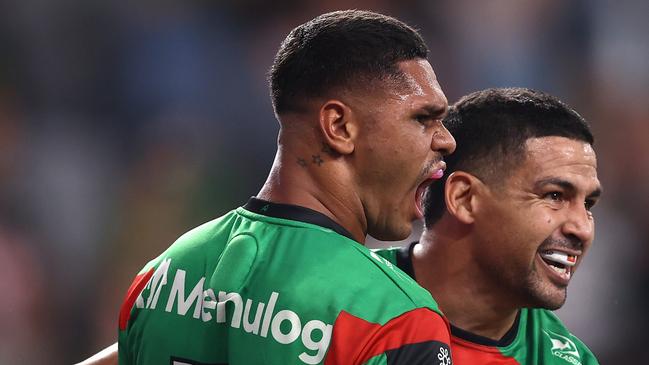 SYDNEY, AUSTRALIA - MARCH 07: Tyrone Munro of the Rabbitohs celebrates with CodyÃÂ Walker of the Rabbitohs after scoring a try during the round one NRL match between the Dolphins and South Sydney Rabbitohs at CommBank Stadium on March 07, 2025, in Sydney, Australia. (Photo by Jason McCawley/Getty Images)