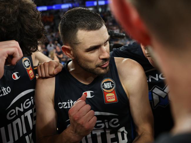 MELBOURNE, AUSTRALIA - MARCH 04: Chris Goulding of United speaks to the team after winning game three of the NBL Semi Final Series between Melbourne United and Perth Wildcats at John Cain Arena, on March 04, 2025, in Melbourne, Australia. (Photo by Daniel Pockett/Getty Images)