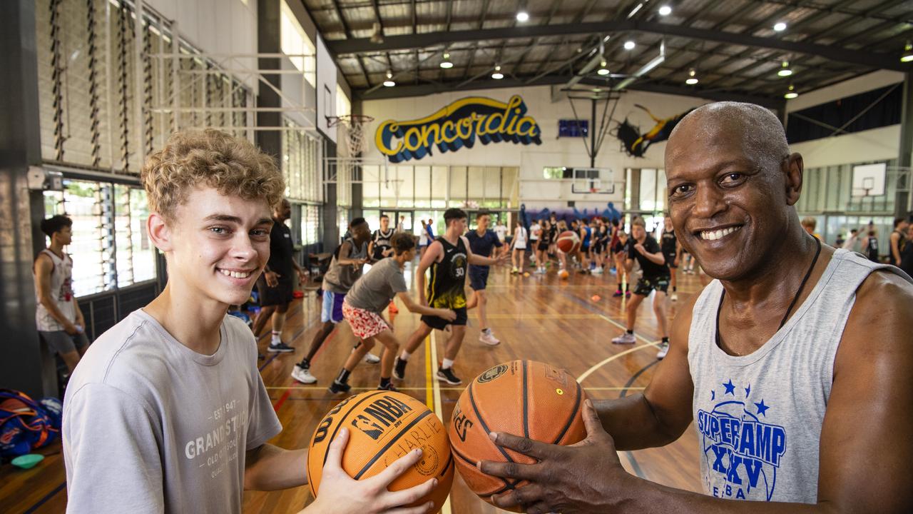 Pop Dickerson's Supercamp Australia coach Pop Dickerson with camp attendee Jakob Marsh, Monday, January 9, 2023.