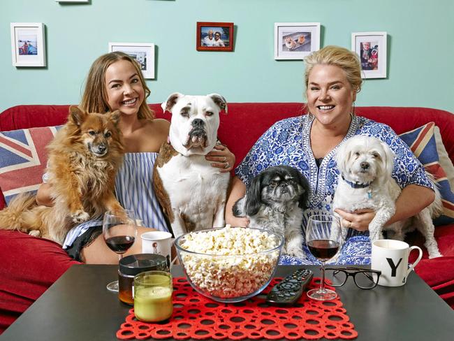 Angie Kent and Yvie Jones with their dogs on Gogglebox Australia. Picture: Channel 10