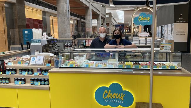 Choux Patisserie, Charlestown Square. Owners Tara and Nic Poelaert on first day back of trading October 11. Picture: Amy Ziniak