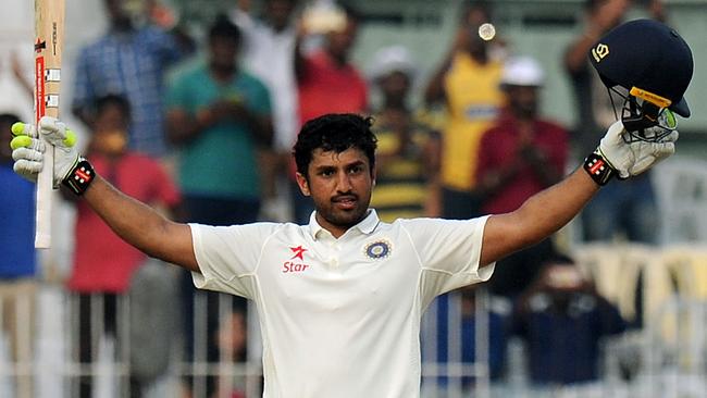 India's Karun Nair celebrates after scoring a triple-century (300 runs).