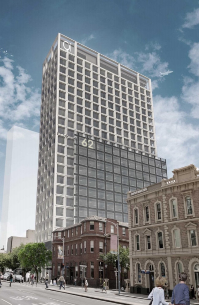 Artist impression for a 25-story hotel and office complex planned at 62-68 Currie St, Adelaide. Picture: SCAP