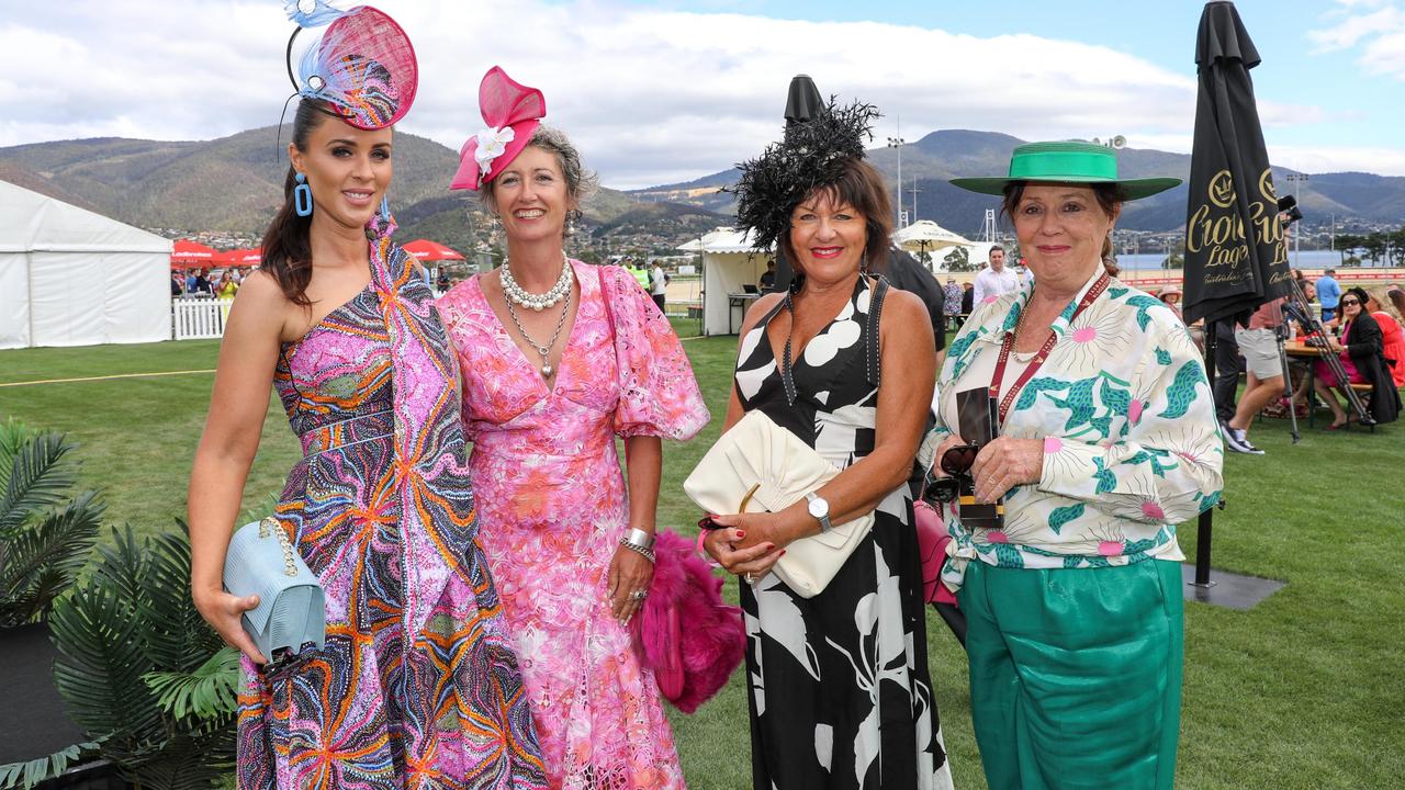Alycia Hall, Judi Adams, Deb Stewart and Rhonda Hall at the Hobart Cup Day. Picture : Mireille Merlet
