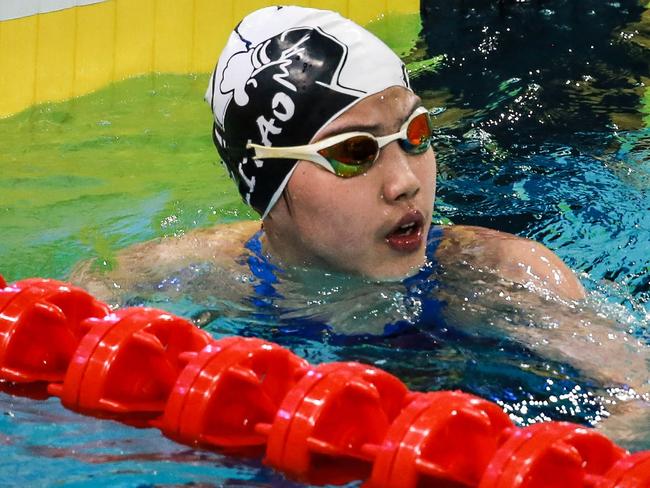 China's Yu Zidi reacts after finishing the women's 200 meters freestyle semifinal at the 2025 National Swimming Championships in Shenzhen, in China's southern Guangdong province on May 19, 2025. (Photo by AFP) / China OUT