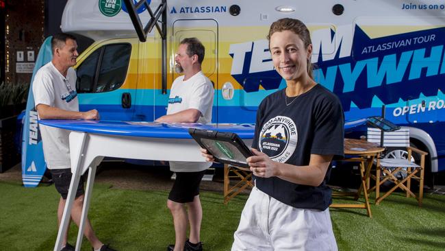 Robin Lee, Maddie Chapman, client partner, and John Keightley at the Atlassian recruitment RV at Pacific Fair. Picture: Jerad Williams.