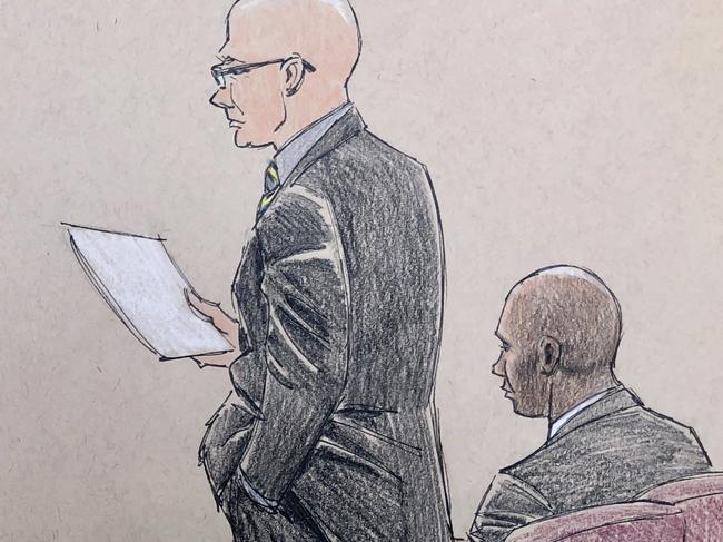 A courtroom sketch of Mohamed Noor sitting trial. Sketch: Cedric Hohnstadt