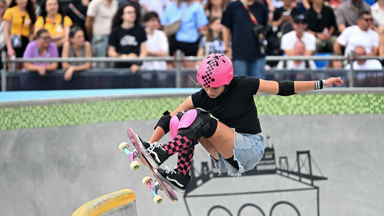 Australia's Arisa Trew competes during the Skateboarding Women's Park Final of the Olympic Qualifier Series 2024 in Budapest, Hungary on June 23, 2024. (Photo by Attila KISBENEDEK / AFP)
