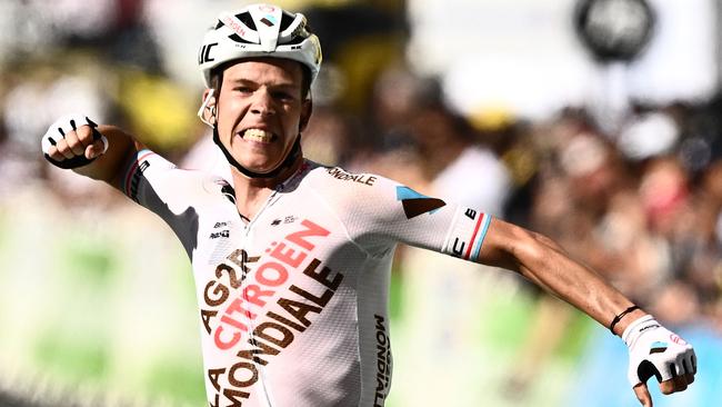 Luxembourg’s Bob Jungels celebrates victory in stage nine of the Tour de France