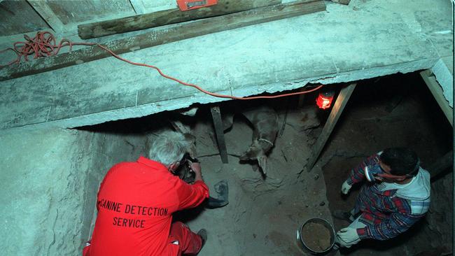 Search for missing Beaumont children at Somerton Park warehouse – Janet Harvey-Crease and dog searching excavation site. Picture: Channel 10