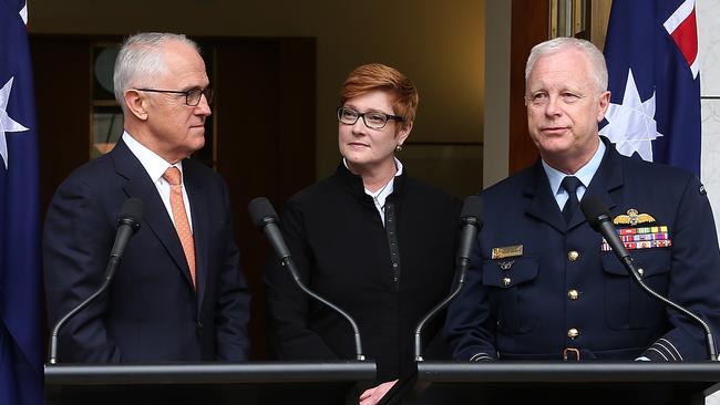 PM Malcolm Turnbull with Defence Minister Marise Payne and current Chief of the Defence Force Air Chief Marshal Mark Binskin. Picture: Kym Smith