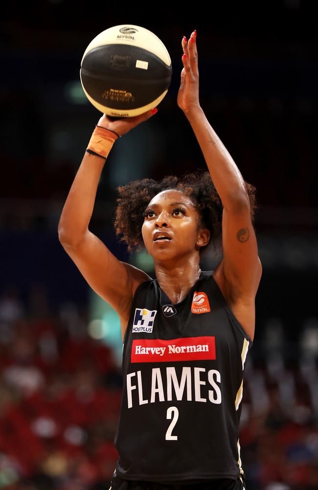 Didi Richards of the Flames shoots from the free throw line during the WNBL match between Sydney Flames and Southside Flyers at Qudos Bank Arena, on February 18, 2024, in Sydney, Australia. (Photo by Mark Kolbe/Getty Images)