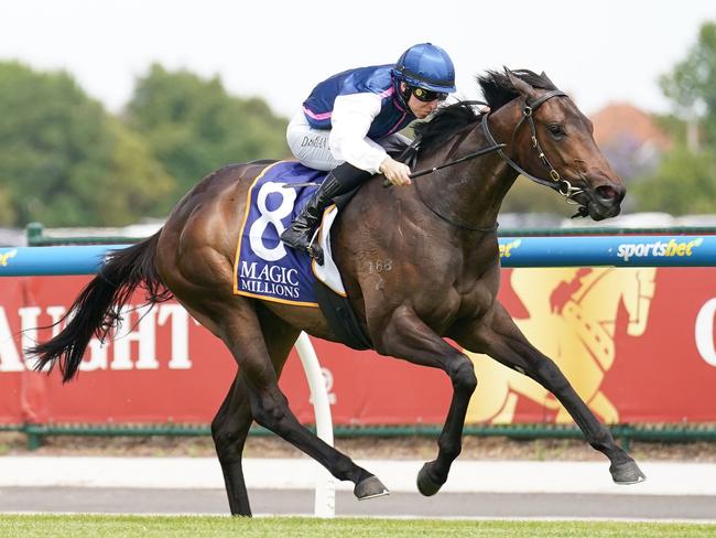 Invincible Woman ridden by Damian Lane wins the Magic Millions VIC 2YO Classic at Caulfield Heath Racecourse on December 14, 2024 in Caulfield, Australia. (Photo by Scott Barbour/Racing Photos via Getty Images)