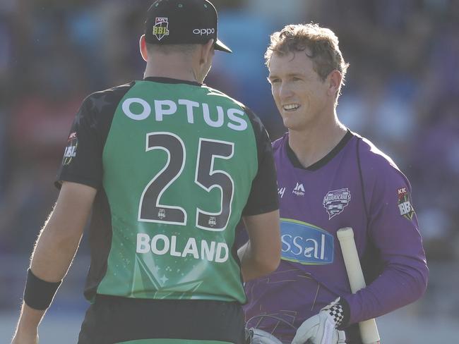 Scott Boland, left, congratulates George Bailey after the Hobart Hurricanes’ victory. Picture: AAP