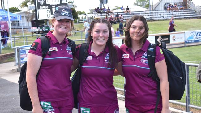 Mackay Cutters under-19 players Ella Cronin, Shaylee Hazledine and Gracie Watt at the CQ Capras pre-season trial games at Browne Park, Rockhampton, on February 10, 2024.