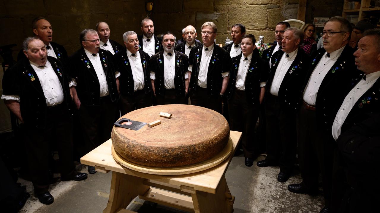 Yodellers perform in front of a giant Emmental cheese on the final day of the experiment. Yodelling is a traditional Swiss style of singing. Picture: AFP