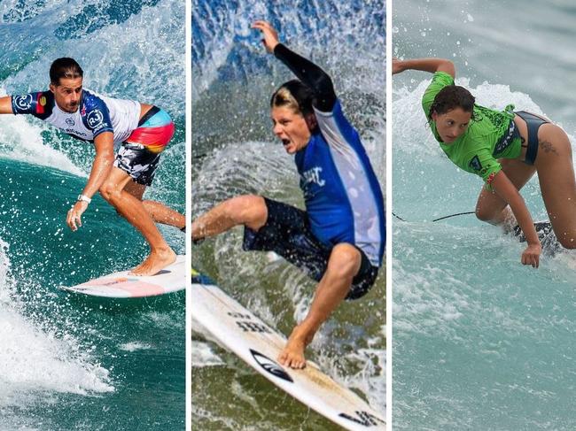 Surfers Soli Bailey, Dane Henry and Bodhi Leigh-Jones ahead of the final of the 2023 Australian Boardriders Battle, to be held at Newcastle Beach.