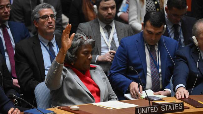 US Ambassador to the United Nations Linda Thomas-Greenfield votes abstain during a vote on a resolution calling for an immediate ceasefire in Gaza during a United Nations Security Council meeting on the situation in the Middle East, including the Palestinian question, at the UN headquarters in New York on March 25, 2024. Picture: AFP