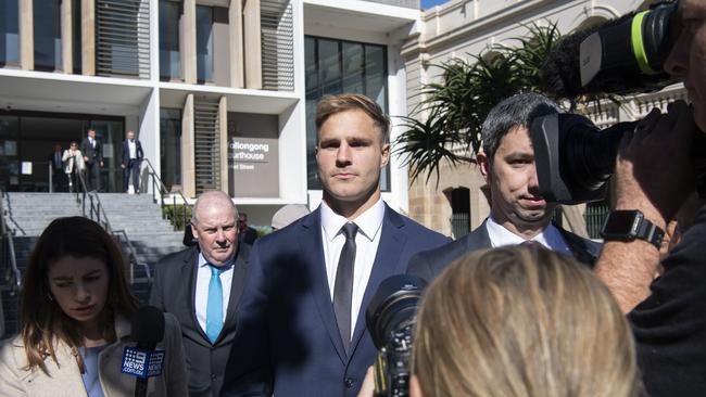 Dragons player Jack de Belin leaves Wollongong District Court. Picture: NCA NewsWire/Simon Bullard