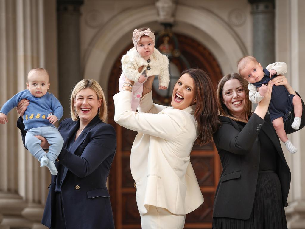 The new mums, who gave birth to their babies – Sigrid, Liam and Patrick – just two weeks apart late last year, have personally hired early childhood educators for sitting days, allowing them to return to parliament sooner. Picture: David Caird