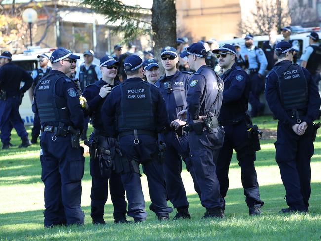 Dozens of police are positioned in the Sydney CBD as the Black Lives Matter protesters begin to gather. Picture: David Swift.